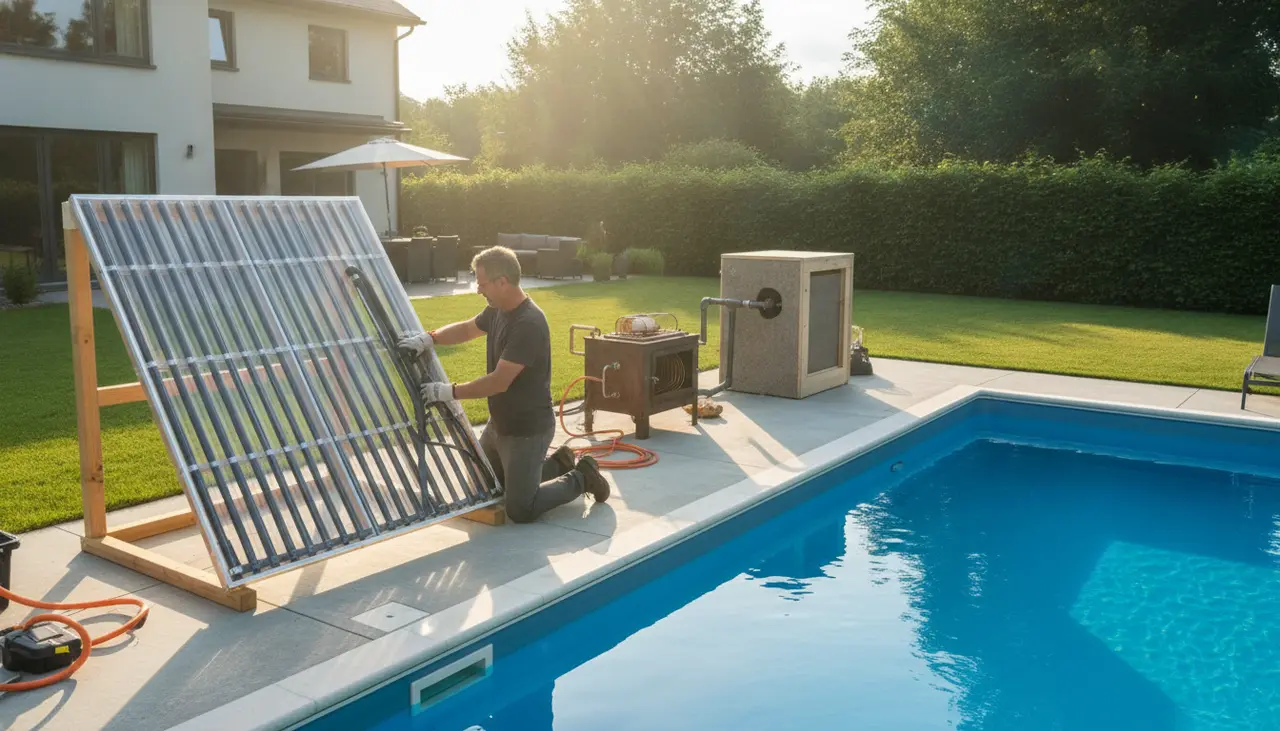 PoolHeatHacker visual guide for DIY pool heating systems including solar collectors, wood-fired exchangers, and high-efficiency gas/electric modifications.